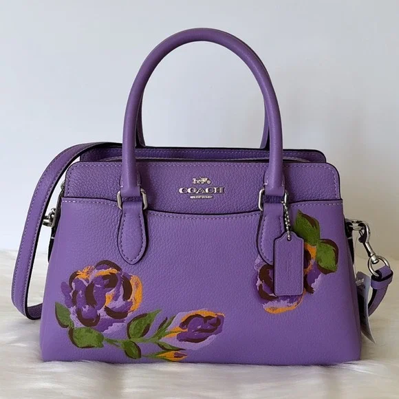 NWT Coach Mini Darcie Carryall With Rose Print/Pebble Leather/ Purple - Picture 1 of 13